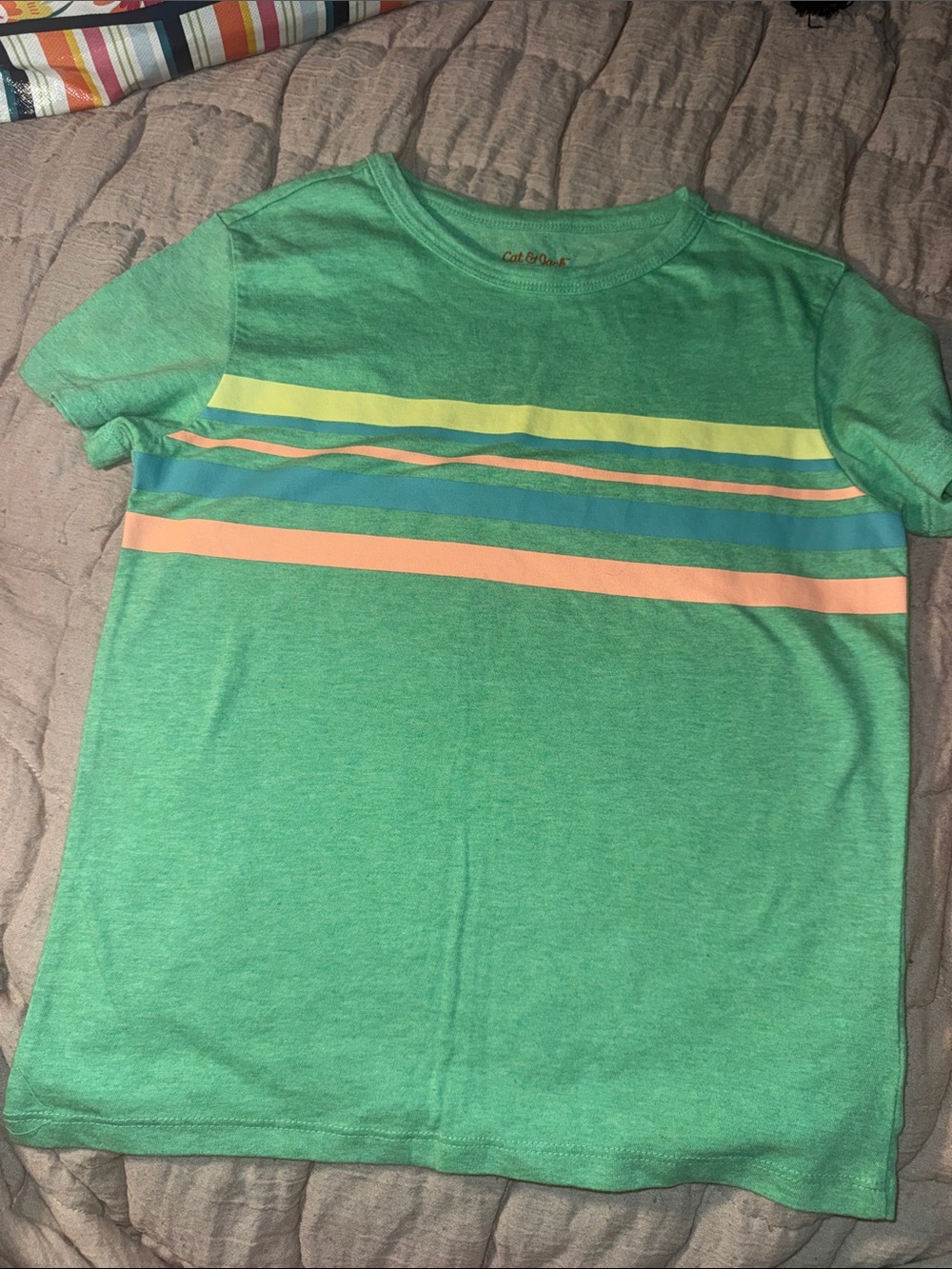 Cat & Jack Green Tee with Yellow, Blue & Peach Stripes